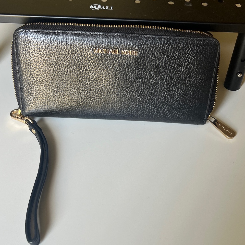 Michael Kors Black Pebbled Leather Zip Wristlet Wallet with Gold Hardware